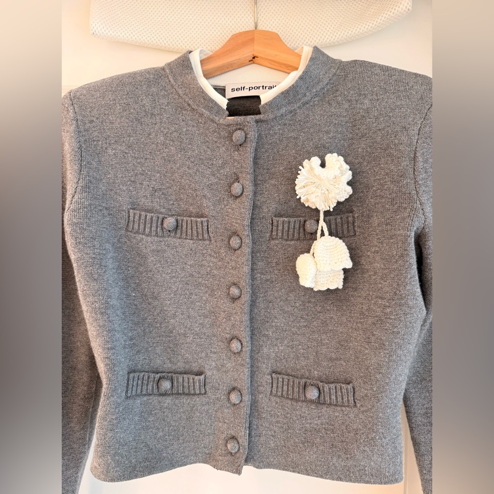 NEW Self-Portrait Gray crochet-flower button Cropped Long Sleeve Cardigan, S - Picture 9 of 14